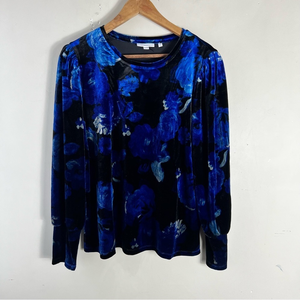 Chico's Boho Whimsigoth Dark Floral Velvet Top Women’s L Dark Blue Bishop Sleeve